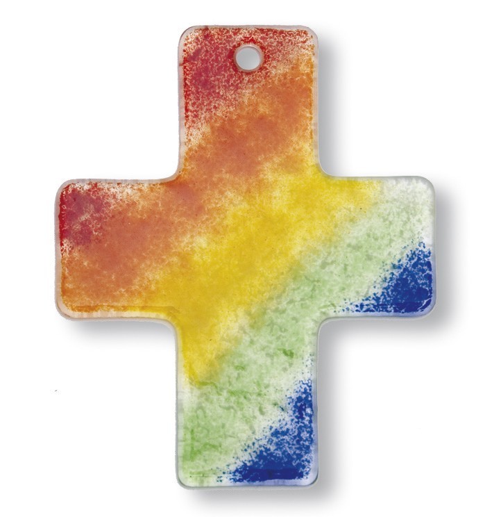 Wandkreuz Regenbogen aus Fusing Glas 10 cm